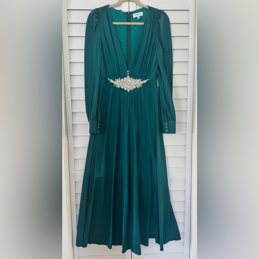 Teal Wedding Guest Dress with Embellished Waist
